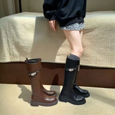 Stylish High-Calf Leather Boots for Women with Thick Sole