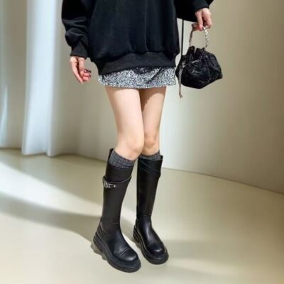 Stylish High-Calf Leather Boots for Women with Thick Sole