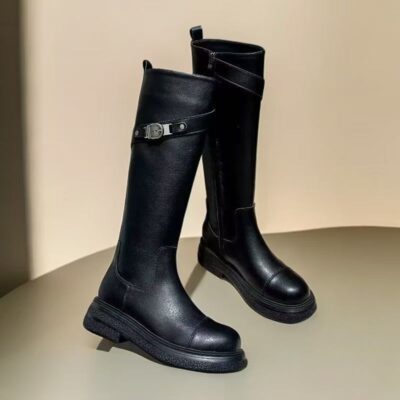 Stylish High-Calf Leather Boots for Women with Thick Sole