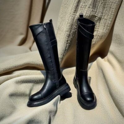 Stylish High-Calf Leather Boots for Women with Thick Sole
