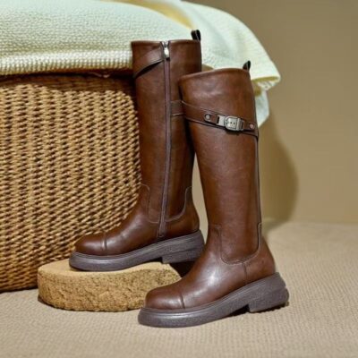 Stylish High-Calf Leather Boots for Women with Thick Sole