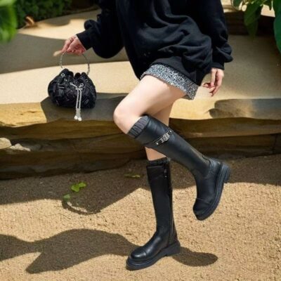 Stylish High-Calf Leather Boots for Women with Thick Sole