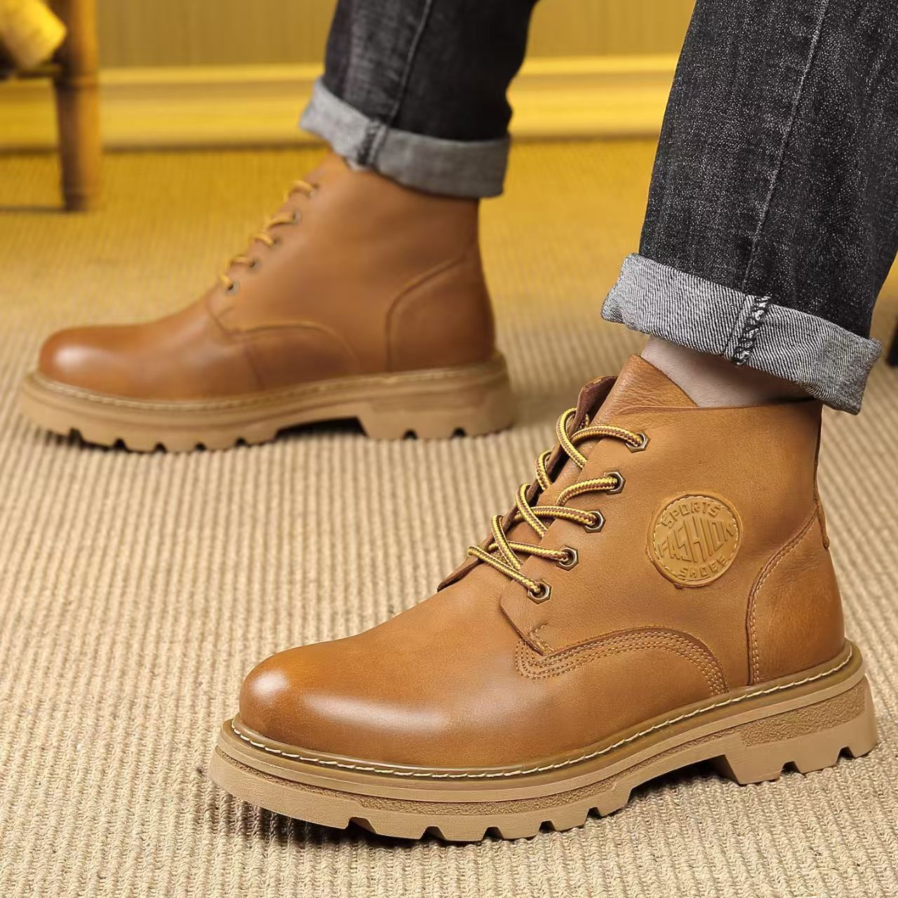High-Top Leather Martin Boots for Men with Thick Sole