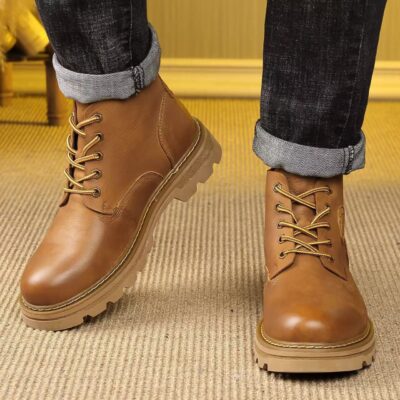 High-Top Leather Martin Boots for Men with Thick Sole
