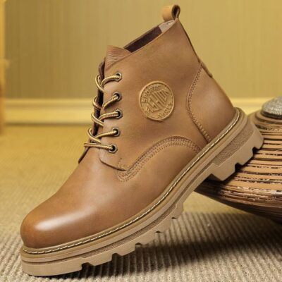 High-Top Leather Martin Boots for Men with Thick Sole