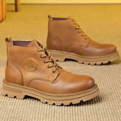 High-Top Leather Martin Boots for Men with Thick Sole
