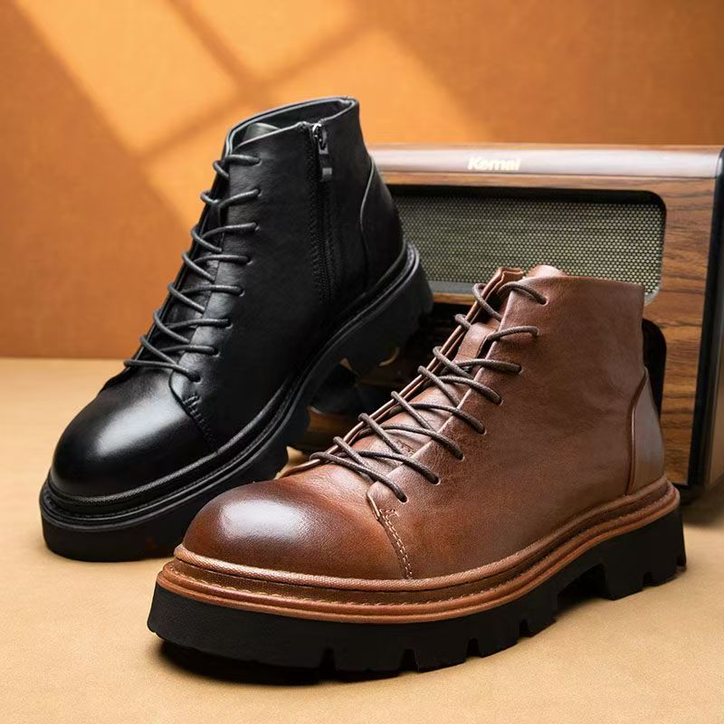 Autumn thick sole lace-up short ankle cow leather men boots
