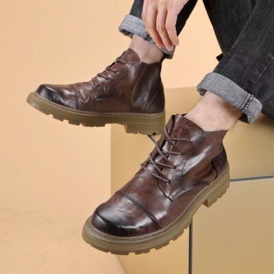 Autumn high-top soft sole lace-up cow leather men boots