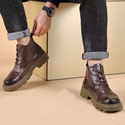Autumn high-top soft sole lace-up cow leather men boots