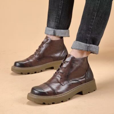 Autumn high-top soft sole lace-up cow leather men boots