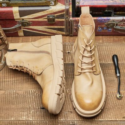 British style high-top thick sole round toe cow leather men boots