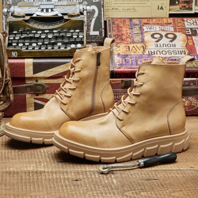 British style high-top thick sole round toe cow leather men boots