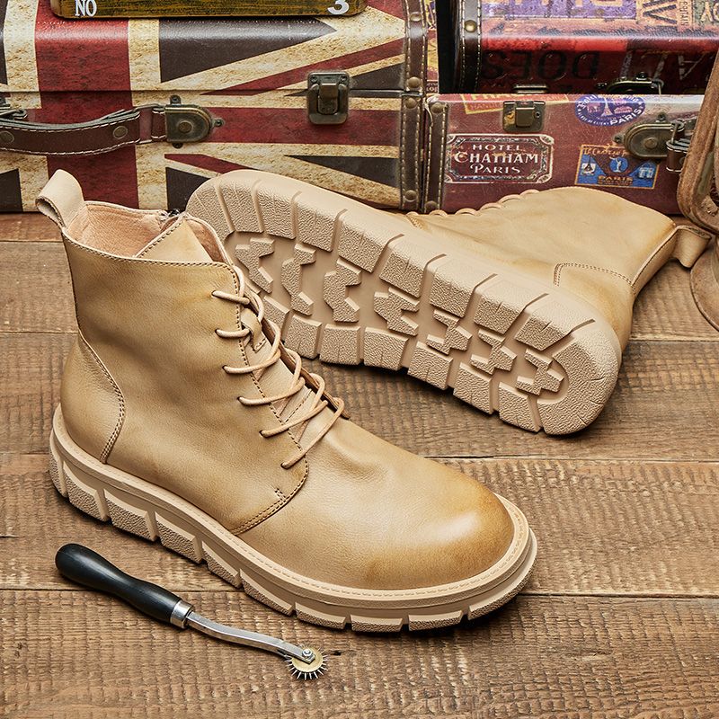 British style high-top thick sole round toe cow leather men boots