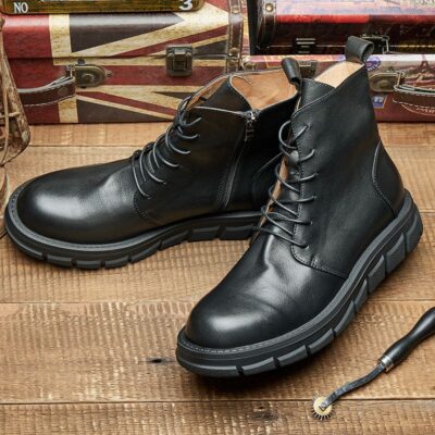 British style high-top thick sole round toe cow leather men boots