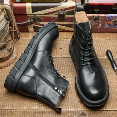 British style high-top thick sole round toe cow leather men boots