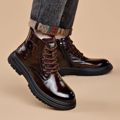 British style high-top fleece-lined cow leather men boots