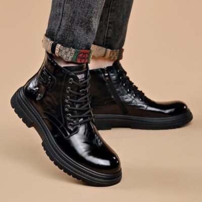 British style high-top fleece-lined cow leather men boots