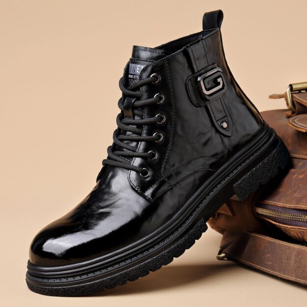 British style high-top fleece-lined cow leather men boots