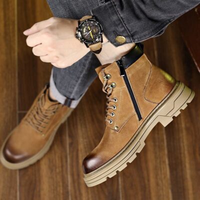 British style autumn winter high-top soft sole cow leather men boots