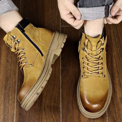 British style autumn winter high-top soft sole cow leather men boots