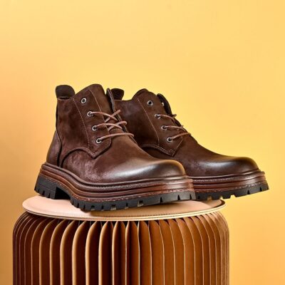 Autumn winter vintage patchwork mid-top men leather boots