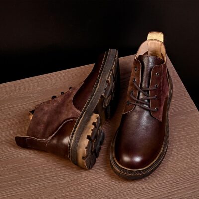 Autumn winter vintage patchwork mid-top men leather boots
