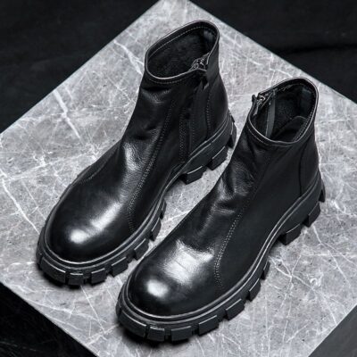 Fleece-lined mid-top thick sole cow leather men leather boots