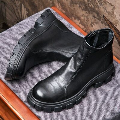 Fleece-lined mid-top thick sole cow leather men leather boots