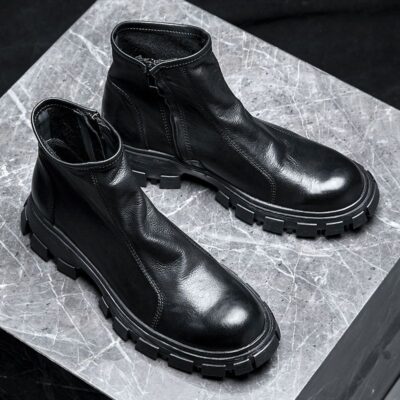 Fleece-lined mid-top thick sole cow leather men leather boots