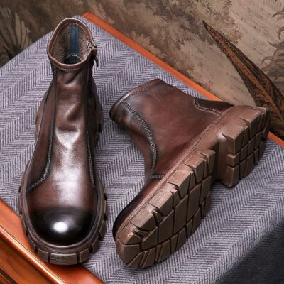 Fleece-lined mid-top thick sole cow leather men leather boots