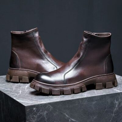 Fleece-lined mid-top thick sole cow leather men leather boots