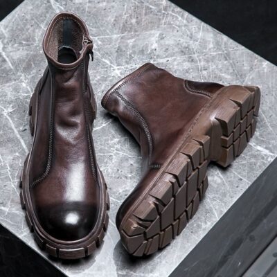Fleece-lined mid-top thick sole cow leather men leather boots