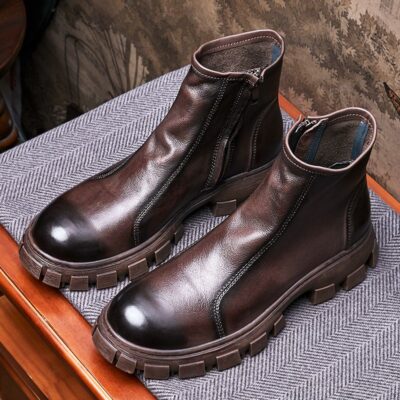 Fleece-lined mid-top thick sole cow leather men leather boots
