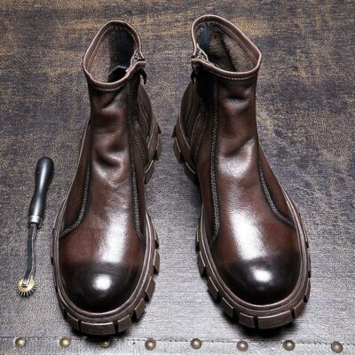 Fleece-lined mid-top thick sole cow leather men leather boots