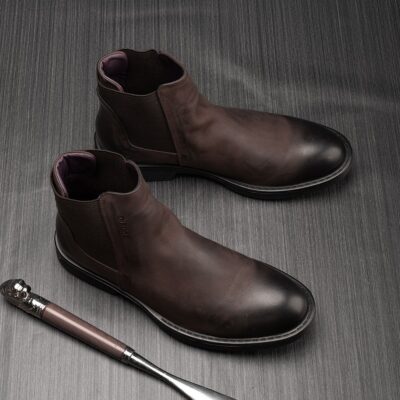 Winter fleece-lined versatile cow leather men leather boots