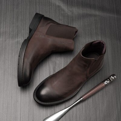 Winter fleece-lined versatile cow leather men leather boots