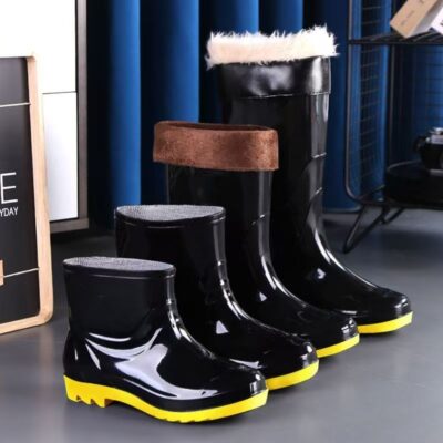 Men yellow sole waterproof anti-slip fleece rain boots