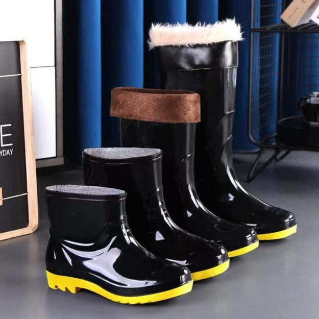 Men yellow sole waterproof anti-slip fleece rain boots