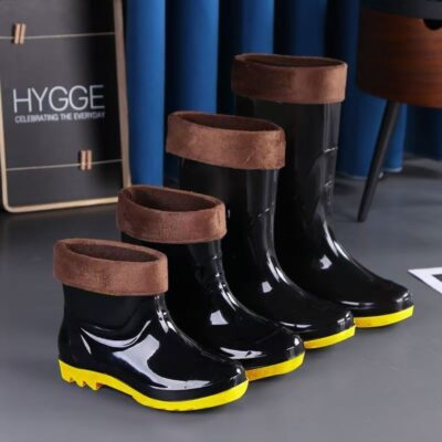Men yellow sole waterproof anti-slip fleece rain boots