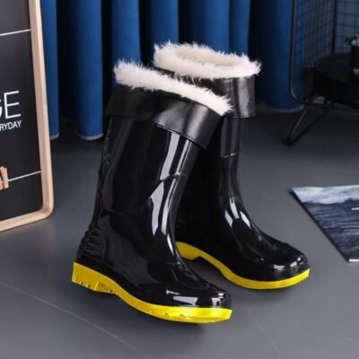 Men yellow sole waterproof anti-slip fleece rain boots