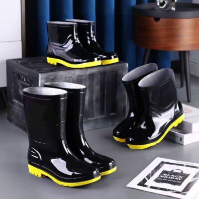 Men yellow sole waterproof anti-slip fleece rain boots