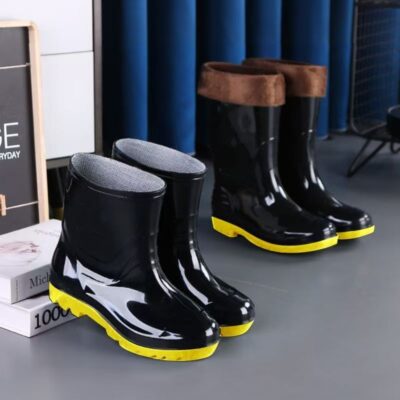 Men yellow sole waterproof anti-slip fleece rain boots