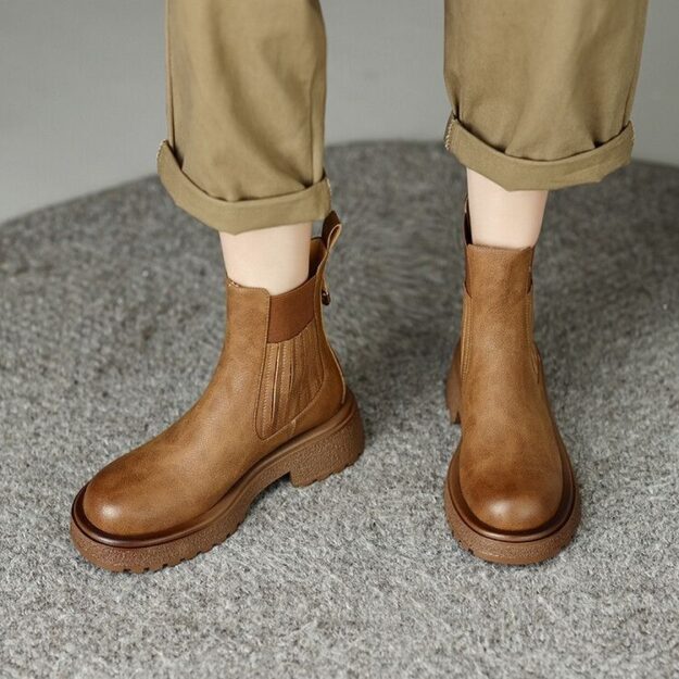 British style thick sole block heel women leather ankle boots