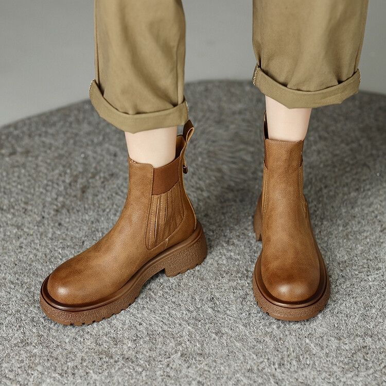 British style thick sole block heel women leather ankle boots