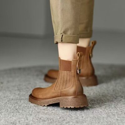 British style thick sole block heel women leather ankle boots