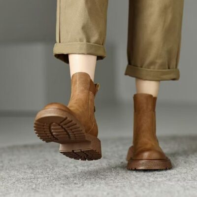 British style thick sole block heel women leather ankle boots