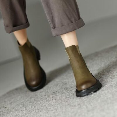 British style thick sole block heel women leather ankle boots