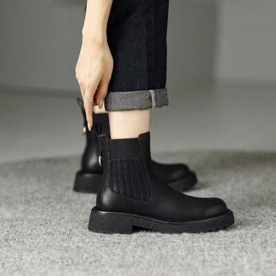 British style thick sole block heel women leather ankle boots