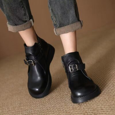 Vintage British buckle fleece-lined soft sole women leather ankle boots