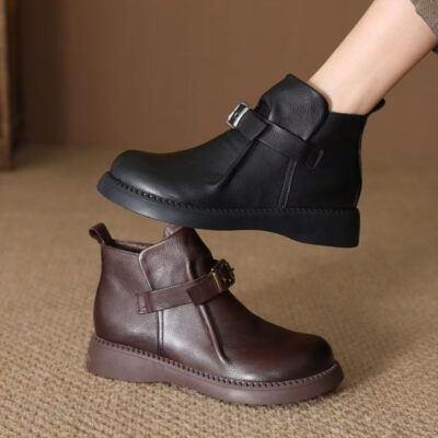 Vintage British buckle fleece-lined soft sole women leather ankle boots